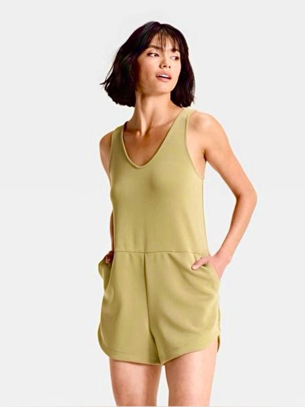 a new day Sandwash Mini Romper One-Piece Sleeveless Jumpsuit Khaki Olive Green